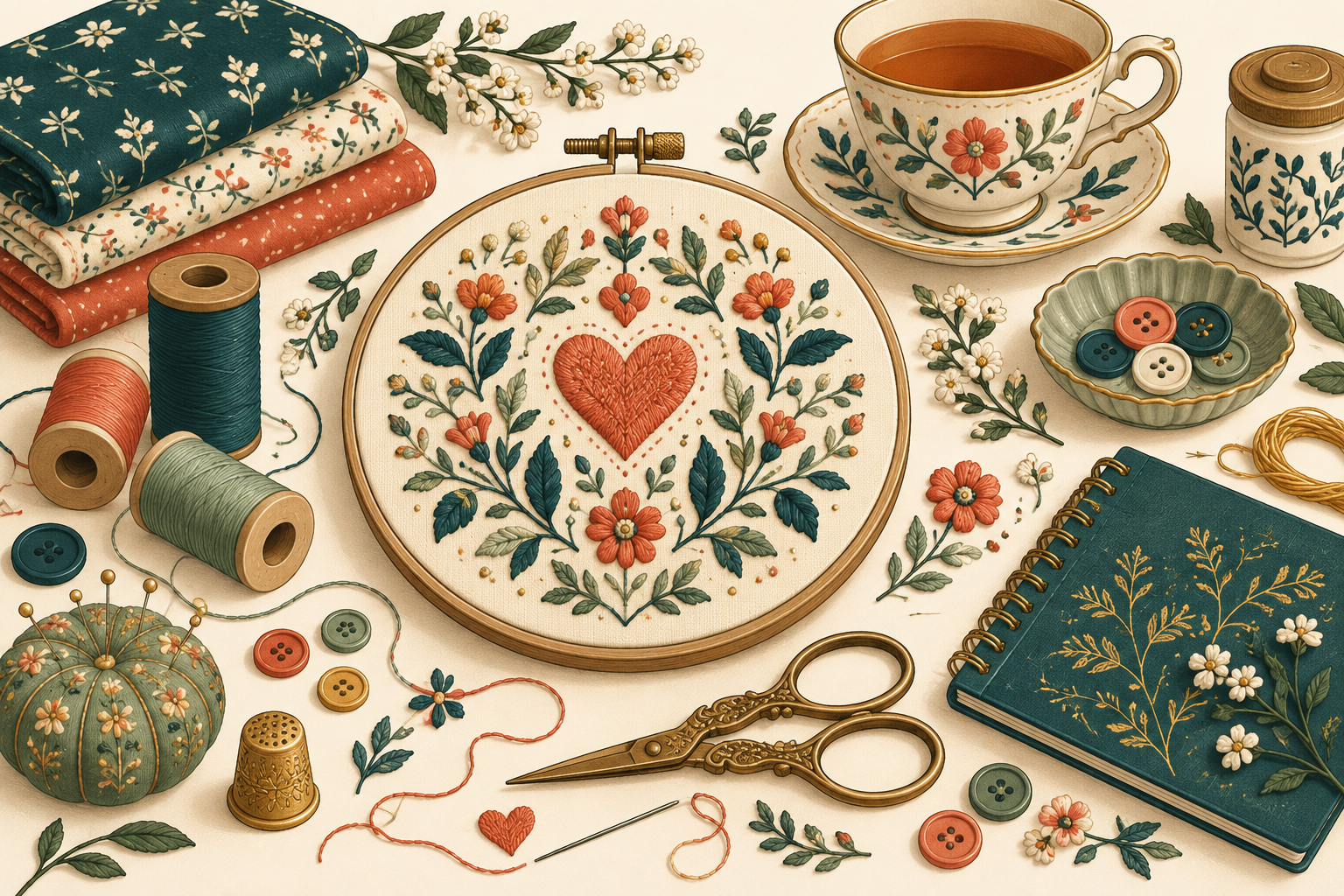 Original ButtonStudios illustration of a sewing workbench, embroidery hoop, thread and buttons
